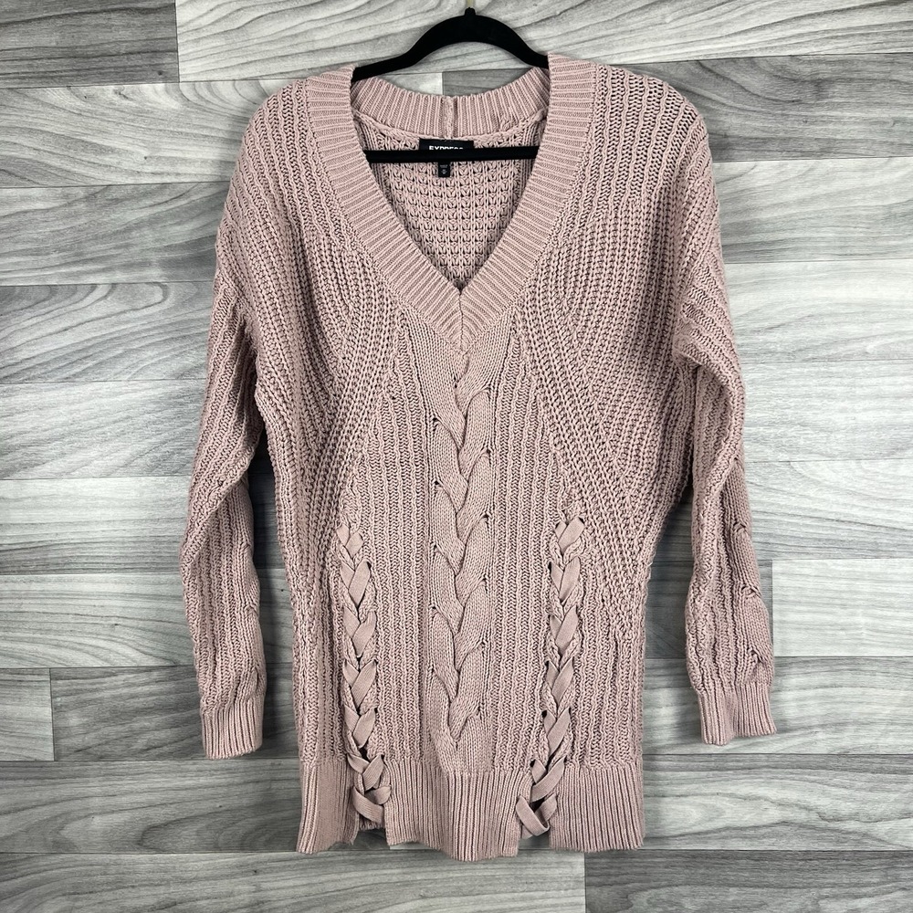 Express Sweater Womens M Pink Mauve Long Sleeve Cable Knit V-Neck Cozy Mature